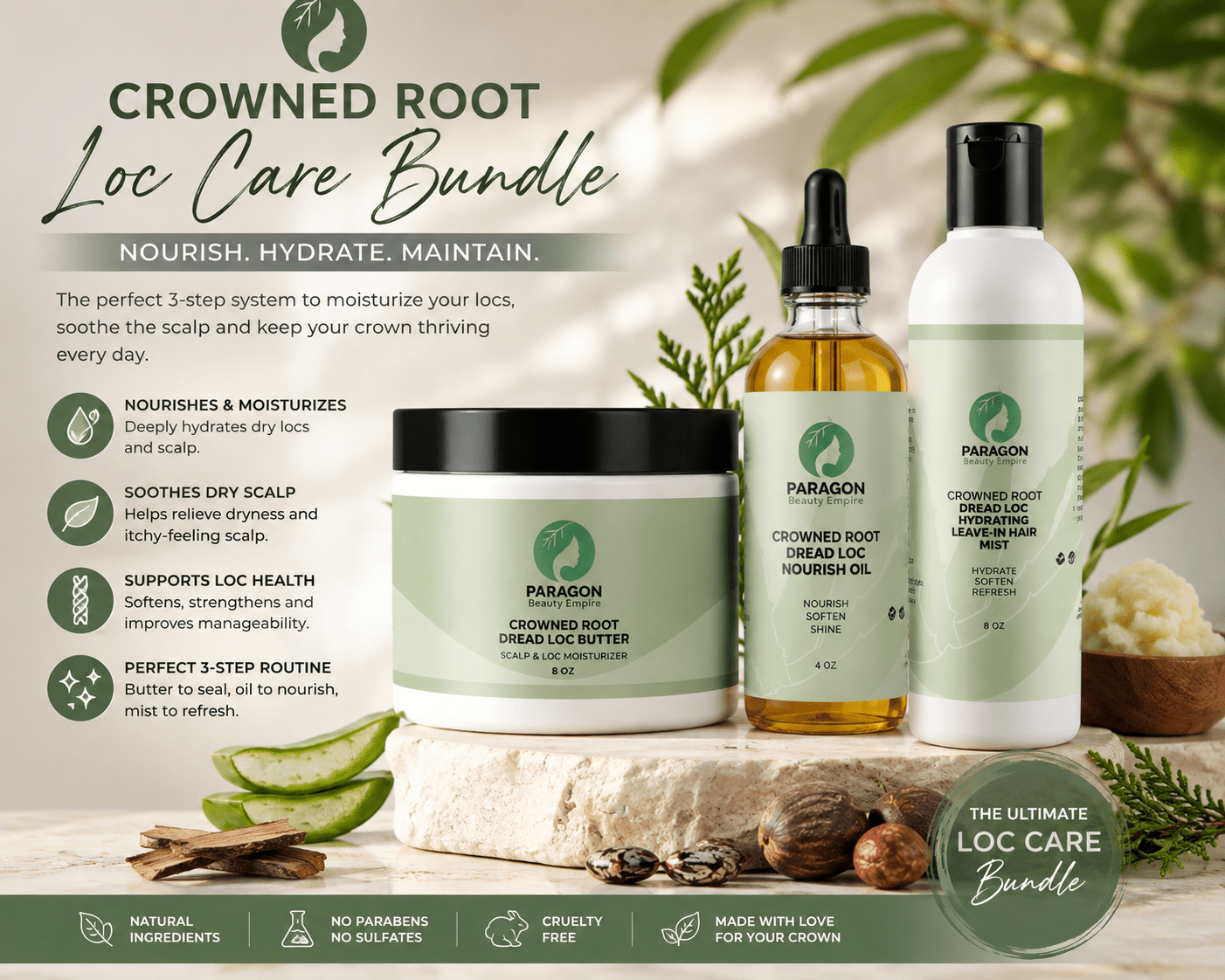 Crowned Root Loc Care Bundle | Butter, Oil & Hydrating Mist - Paragon Beauty Empire