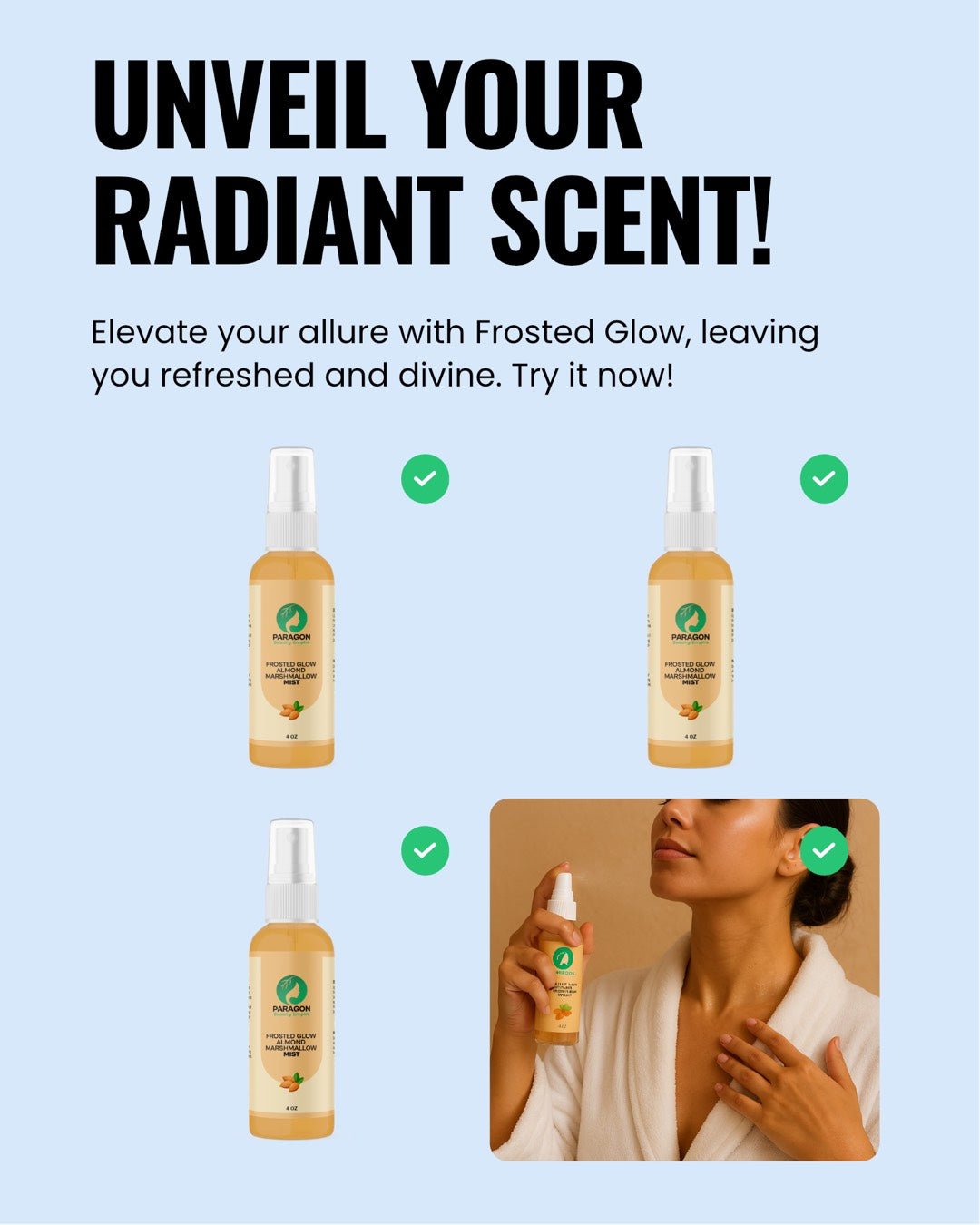 Frosted Glow Almond Marshmallow Body Mist – Sweet Vanilla & Toasted Almond Scent - Paragon Beauty Empire